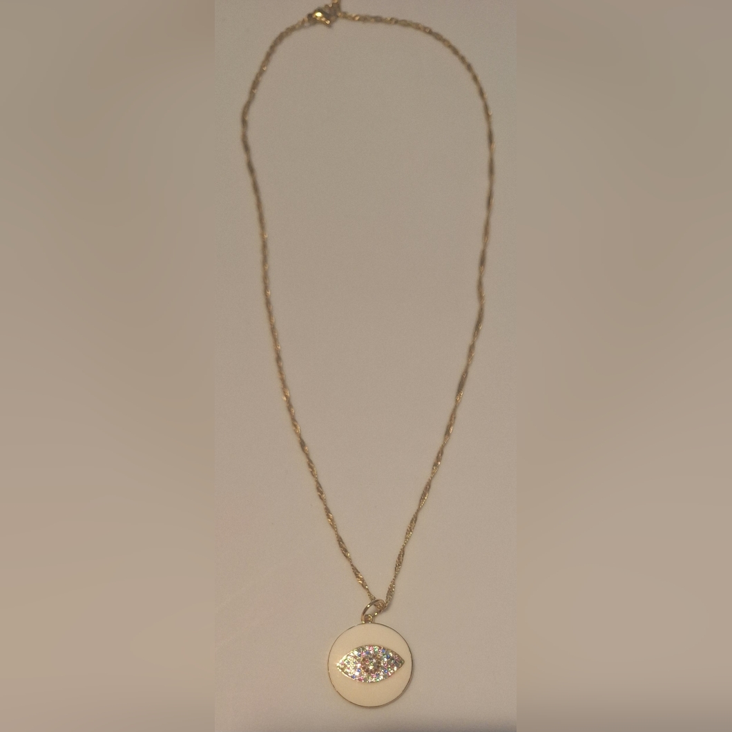 Oak Ivy Boutique Gold Tone Necklace W White Bling Eye Pendant 1775-21 New 40$